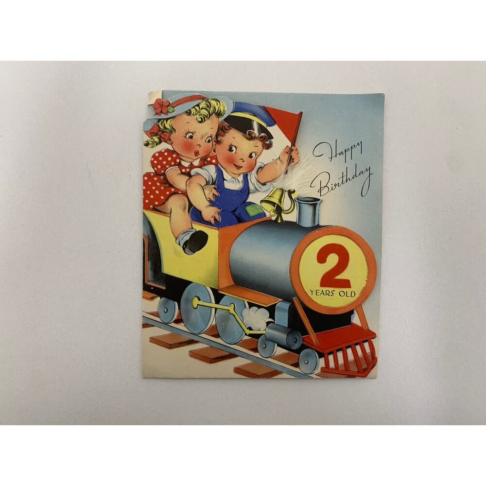 Children on a Toy Train, 2nd Birthday, Greeting Card, USED, Folding, Paper,